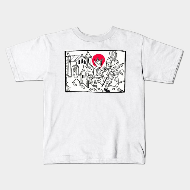 The Devil pursues the medieval knight who, despite his armor, is vulnerable to sin. Vintage drawing. Kids T-Shirt by Marccelus